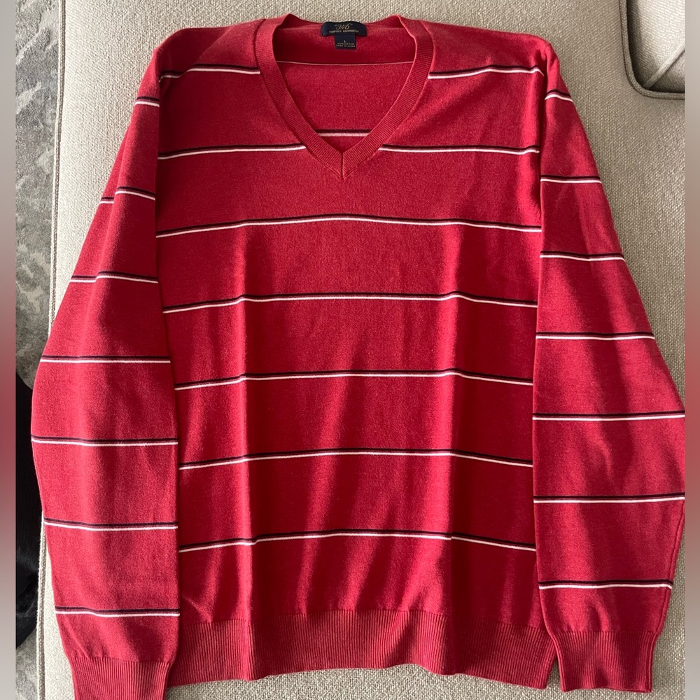 Men’s Brooks Brothers 346 Large V Neck Sweater. Red with Black/White stripes.